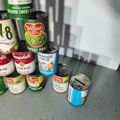 Lot of Vintage Play Food Sealed Empty Cans Campbells DelMonte , V-8 Juice, SpaghettiO's, Bounty Pudding