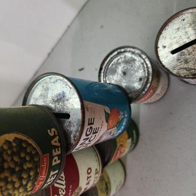 Lot of Vintage Play Food Sealed Empty Cans Campbells DelMonte , V-8 Juice, SpaghettiO's, Bounty Pudding