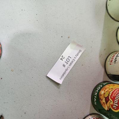 Lot of Vintage Play Food Sealed Empty Cans Campbells DelMonte , V-8 Juice, SpaghettiO's, Bounty Pudding