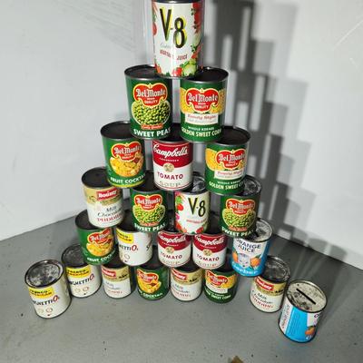 Lot of Vintage Play Food Sealed Empty Cans Campbells DelMonte , V-8 Juice, SpaghettiO's, Bounty Pudding
