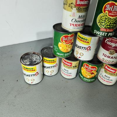 Lot of Vintage Play Food Sealed Empty Cans Campbells DelMonte , V-8 Juice, SpaghettiO's, Bounty Pudding