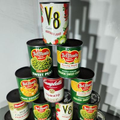 Lot of Vintage Play Food Sealed Empty Cans Campbells DelMonte , V-8 Juice, SpaghettiO's, Bounty Pudding