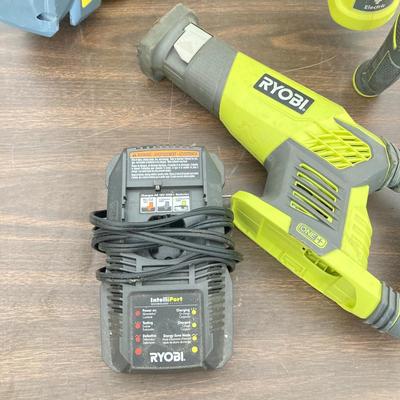 LOT 51: Ryobi Hybrid 18 P2107 Blower, P514 Saw, and P118 Battery IntelliPort Charger, Lynxx Cordless Blower, Battery Pack and More