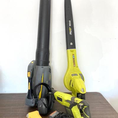 LOT 51: Ryobi Hybrid 18 P2107 Blower, P514 Saw, and P118 Battery IntelliPort Charger, Lynxx Cordless Blower, Battery Pack and More