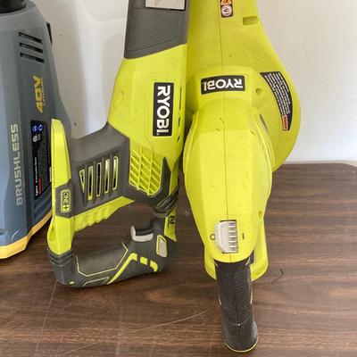LOT 51: Ryobi Hybrid 18 P2107 Blower, P514 Saw, and P118 Battery IntelliPort Charger, Lynxx Cordless Blower, Battery Pack and More