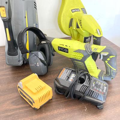 LOT 51: Ryobi Hybrid 18 P2107 Blower, P514 Saw, and P118 Battery IntelliPort Charger, Lynxx Cordless Blower, Battery Pack and More