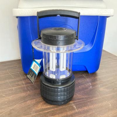 LOT 52: Igloo Island Breeze Cooler, Three Lanterns, Storage Tote with Garden Tools and More