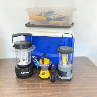 LOT 52: Igloo Island Breeze Cooler, Three Lanterns, Storage Tote with Garden Tools and More