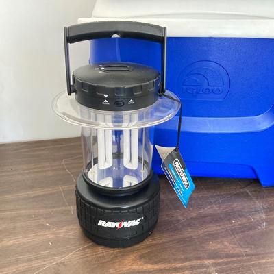 LOT 52: Igloo Island Breeze Cooler, Three Lanterns, Storage Tote with Garden Tools and More