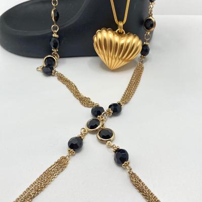 LOT 58: Fashion Jewelry - Anne Klein Puffy Gold Tone Heart Pendant Necklace, Lariat Gold Tone and BlackBead Chain, Locket Pendant and more
