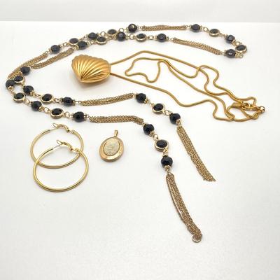 LOT 58: Fashion Jewelry - Anne Klein Puffy Gold Tone Heart Pendant Necklace, Lariat Gold Tone and BlackBead Chain, Locket Pendant and more
