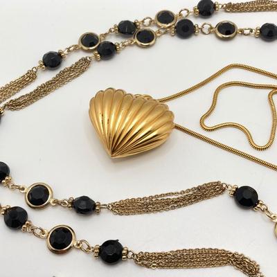 LOT 58: Fashion Jewelry - Anne Klein Puffy Gold Tone Heart Pendant Necklace, Lariat Gold Tone and BlackBead Chain, Locket Pendant and more