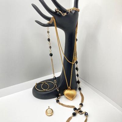 LOT 58: Fashion Jewelry - Anne Klein Puffy Gold Tone Heart Pendant Necklace, Lariat Gold Tone and BlackBead Chain, Locket Pendant and more