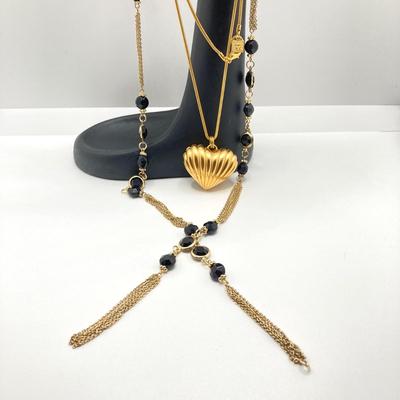 LOT 58: Fashion Jewelry - Anne Klein Puffy Gold Tone Heart Pendant Necklace, Lariat Gold Tone and BlackBead Chain, Locket Pendant and more