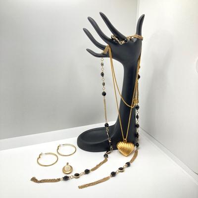 LOT 58: Fashion Jewelry - Anne Klein Puffy Gold Tone Heart Pendant Necklace, Lariat Gold Tone and BlackBead Chain, Locket Pendant and more
