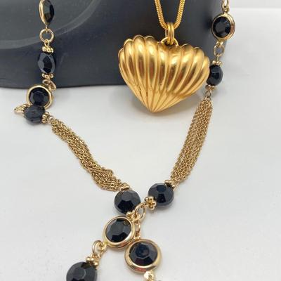 LOT 58: Fashion Jewelry - Anne Klein Puffy Gold Tone Heart Pendant Necklace, Lariat Gold Tone and BlackBead Chain, Locket Pendant and more
