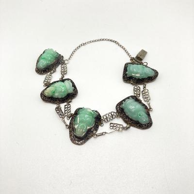 LOT 62: 10KT, TW 21.44g- 10k THC White Gold Carved Jadite Buddha Bracelet