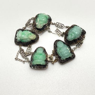 LOT 62: 10KT, TW 21.44g- 10k THC White Gold Carved Jadite Buddha Bracelet