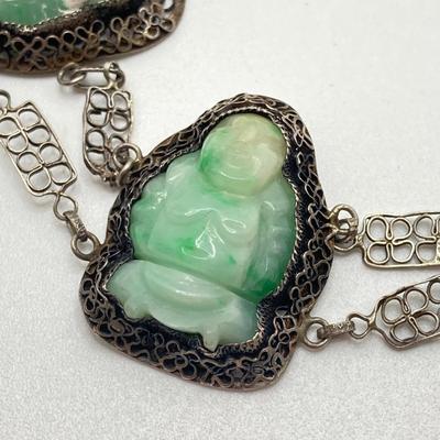 LOT 62: 10KT, TW 21.44g- 10k THC White Gold Carved Jadite Buddha Bracelet