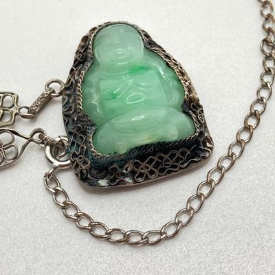 LOT 62: 10KT, TW 21.44g- 10k THC White Gold Carved Jadite Buddha Bracelet