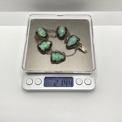 LOT 62: 10KT, TW 21.44g- 10k THC White Gold Carved Jadite Buddha Bracelet