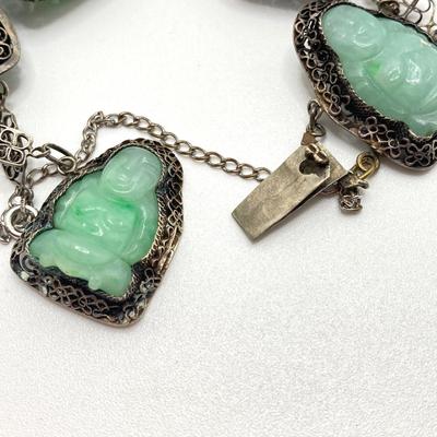 LOT 62: 10KT, TW 21.44g- 10k THC White Gold Carved Jadite Buddha Bracelet