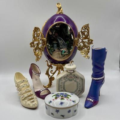 LOT 63: Lenox Perfume Bottle & Collector Society Trinket Box, Vintage Decorative Egg w/Golden Gates & Just the Right Shoe...