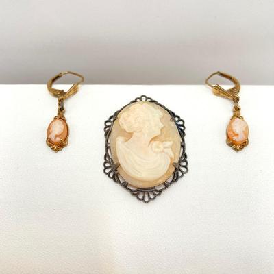 LOT 64: Sterling Cameo with RG Cameo Gold Tone Dangle Earrings
