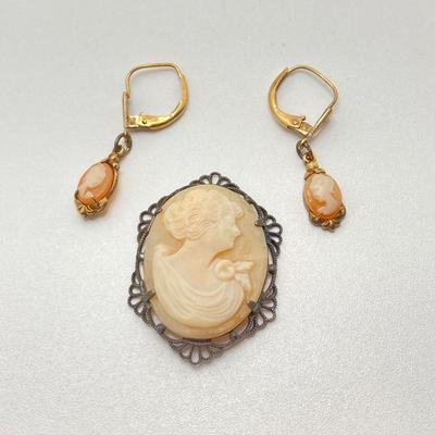 LOT 64: Sterling Cameo with RG Cameo Gold Tone Dangle Earrings