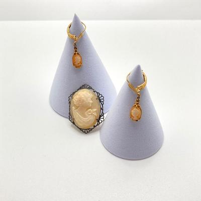 LOT 64: Sterling Cameo with RG Cameo Gold Tone Dangle Earrings