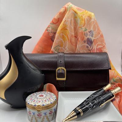 LOT 65: Donna Karan 3.4 oz. Eau De Parfum, Pen/Pencil Set, Limoges Trinket Box, Travel Jewelry Case & More
