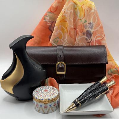LOT 65: Donna Karan 3.4 oz. Eau De Parfum, Pen/Pencil Set, Limoges Trinket Box, Travel Jewelry Case & More