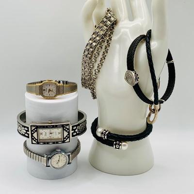 LOT 74: Collection of Fashion Jewelry Bracelets and Wrist Watches by Pulsar, Timex and Vivani