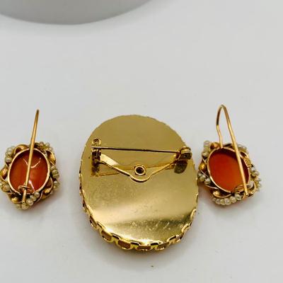 LOT 75: Beautiful 14K Gold Cameo & Seed Pearl Pierced Earrings along with Vintage Brooches