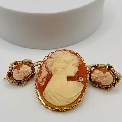 LOT 75: Beautiful 14K Gold Cameo & Seed Pearl Pierced Earrings along with Vintage Brooches