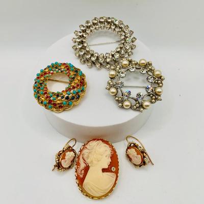 LOT 75: Beautiful 14K Gold Cameo & Seed Pearl Pierced Earrings along with Vintage Brooches