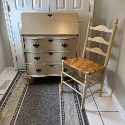 LOT 82: Secretary Desk & Ladder-Back Chair w/Rush Seat