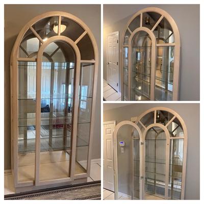 LOT 89: Arched Wood & Glass Lighted Curio Cabinet