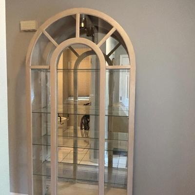 LOT 89: Arched Wood & Glass Lighted Curio Cabinet