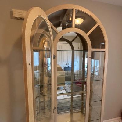 LOT 89: Arched Wood & Glass Lighted Curio Cabinet