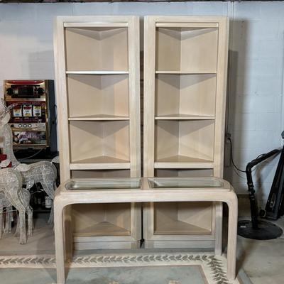 LOT 92: Made in USA Contemporary Style Corner Bookcases & Console Table