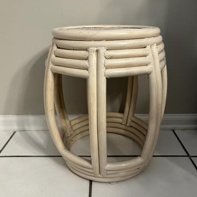 LOT 98: Wicker Barrel Side Table and Large Ceramic Vase w/Floral Arrangement