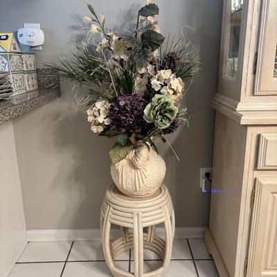 LOT 98: Wicker Barrel Side Table and Large Ceramic Vase w/Floral Arrangement