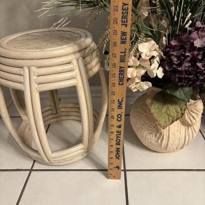 LOT 98: Wicker Barrel Side Table and Large Ceramic Vase w/Floral Arrangement
