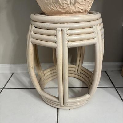 LOT 98: Wicker Barrel Side Table and Large Ceramic Vase w/Floral Arrangement
