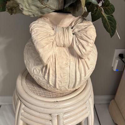 LOT 98: Wicker Barrel Side Table and Large Ceramic Vase w/Floral Arrangement