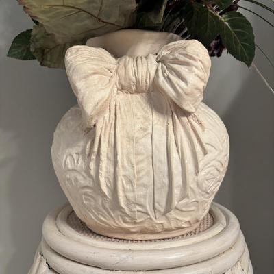 LOT 98: Wicker Barrel Side Table and Large Ceramic Vase w/Floral Arrangement