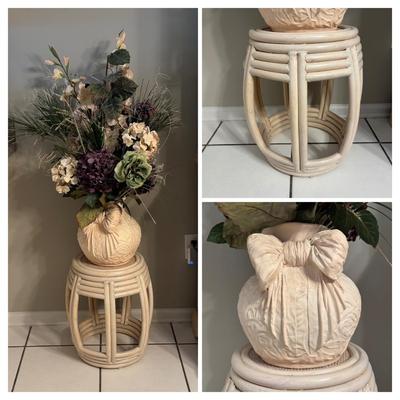 LOT 98: Wicker Barrel Side Table and Large Ceramic Vase w/Floral Arrangement