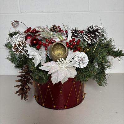 LOT 106: Holiday Decor: Santa Figure, Gold Wire Sleigh, Floral Centerpiece and More