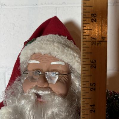 LOT 106: Holiday Decor: Santa Figure, Gold Wire Sleigh, Floral Centerpiece and More